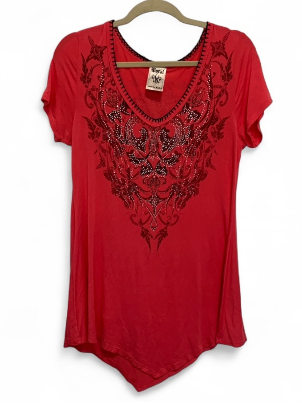 Vocal Red Short Sleeve Scoop Neck Shirt Dress with Black Beaded Embellishment